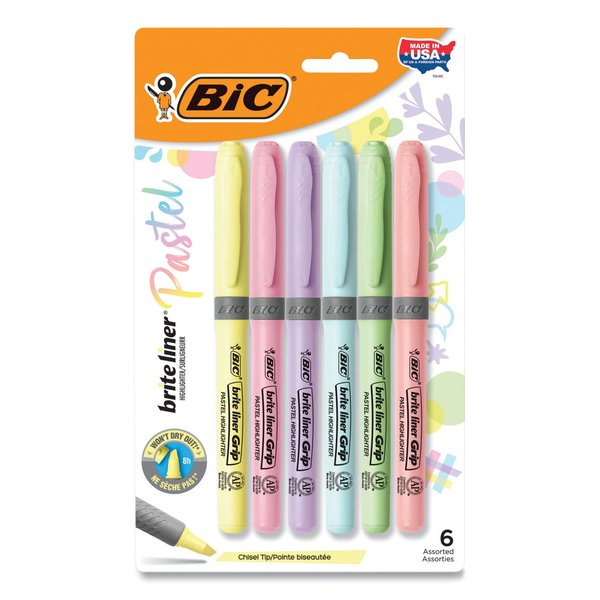 Bic Brite Liner Grip Pocket Highlighter, Chisel Tip, Assorted Colors, PK6 GBLDP61AST